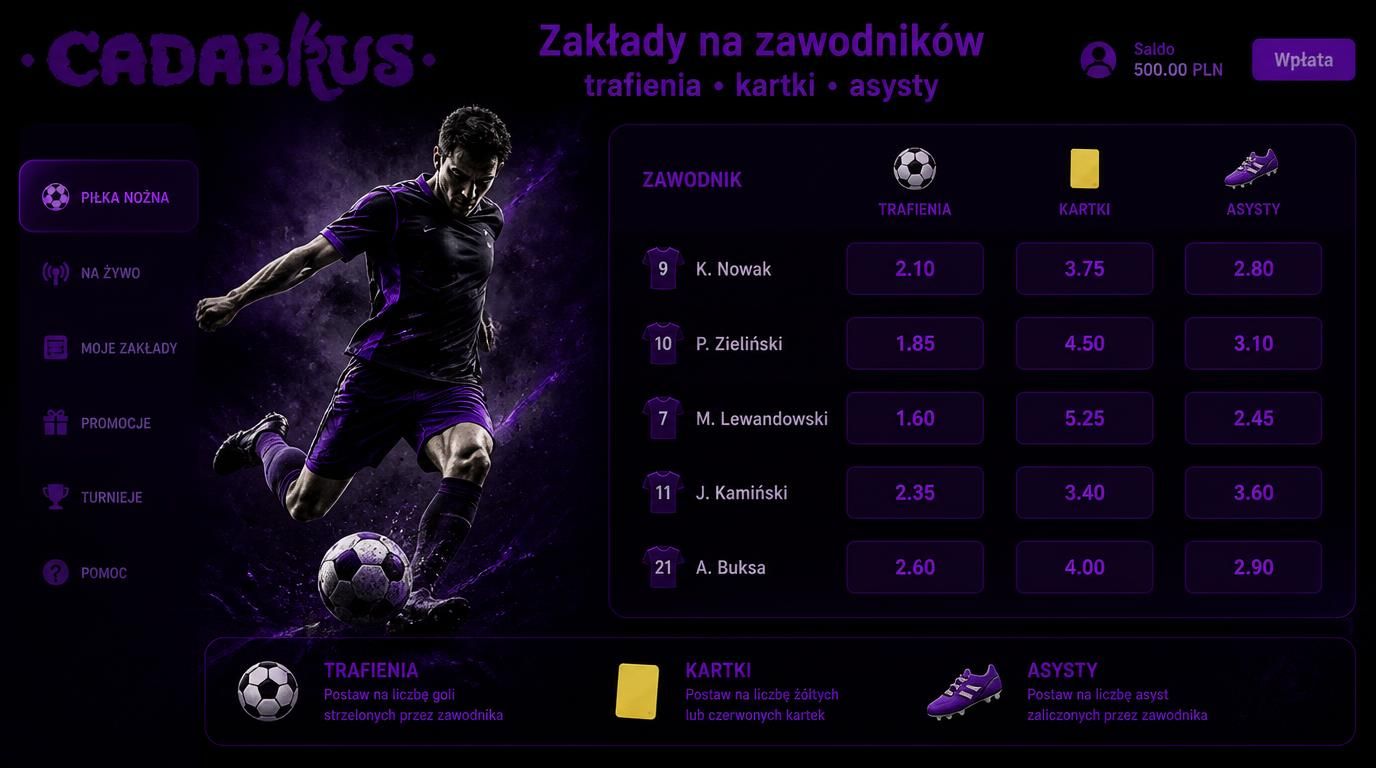 Interfejs zakładów na zawodników z kursami, kartką i asystą