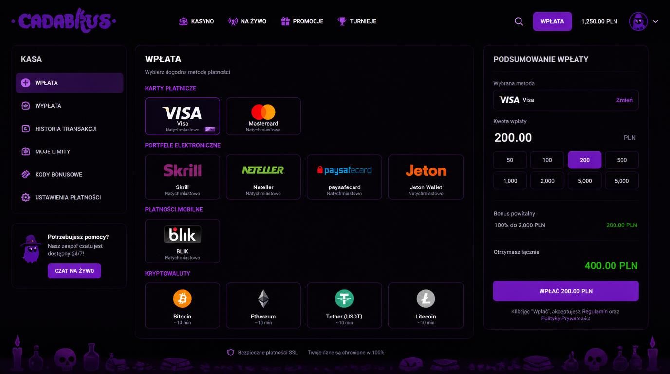 Interfejs płatności Cadabrus: karty, BLIK i kryptowaluty