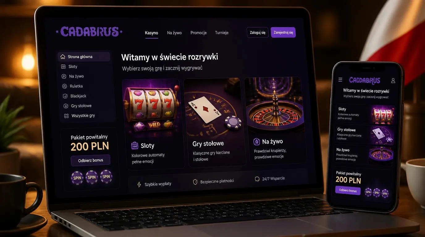Ekran kasyna online z ofertą powitalną oraz kategoriami slotów, gier stołowych i kasyna na żywo